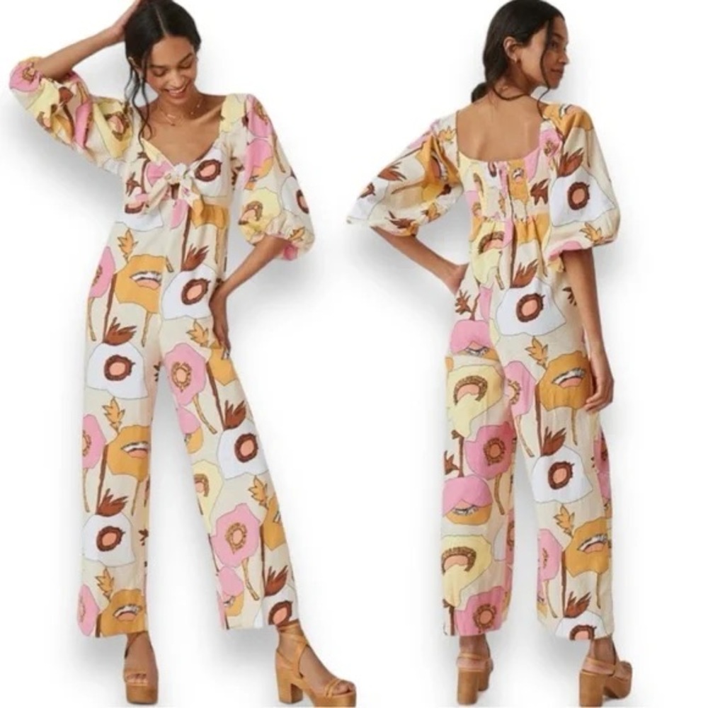 Anthropologie Bel Kazan 100% Cotton Juna Jumpsuit in Retro Floral Print Size Med